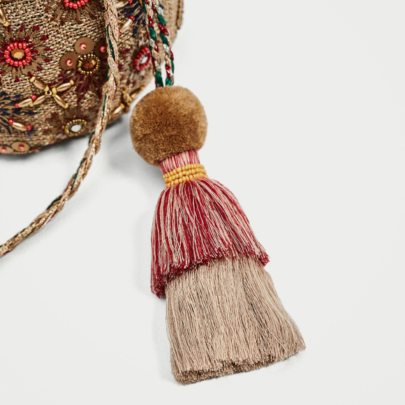 Zara Beaded Bucket Jute Tassel Mini Crossbody c - Picture 5 of 6